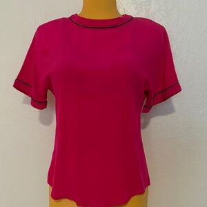 Vintage 100% Silk Short-Sleeve Hot Pink Blouse Back Button Down Barbie